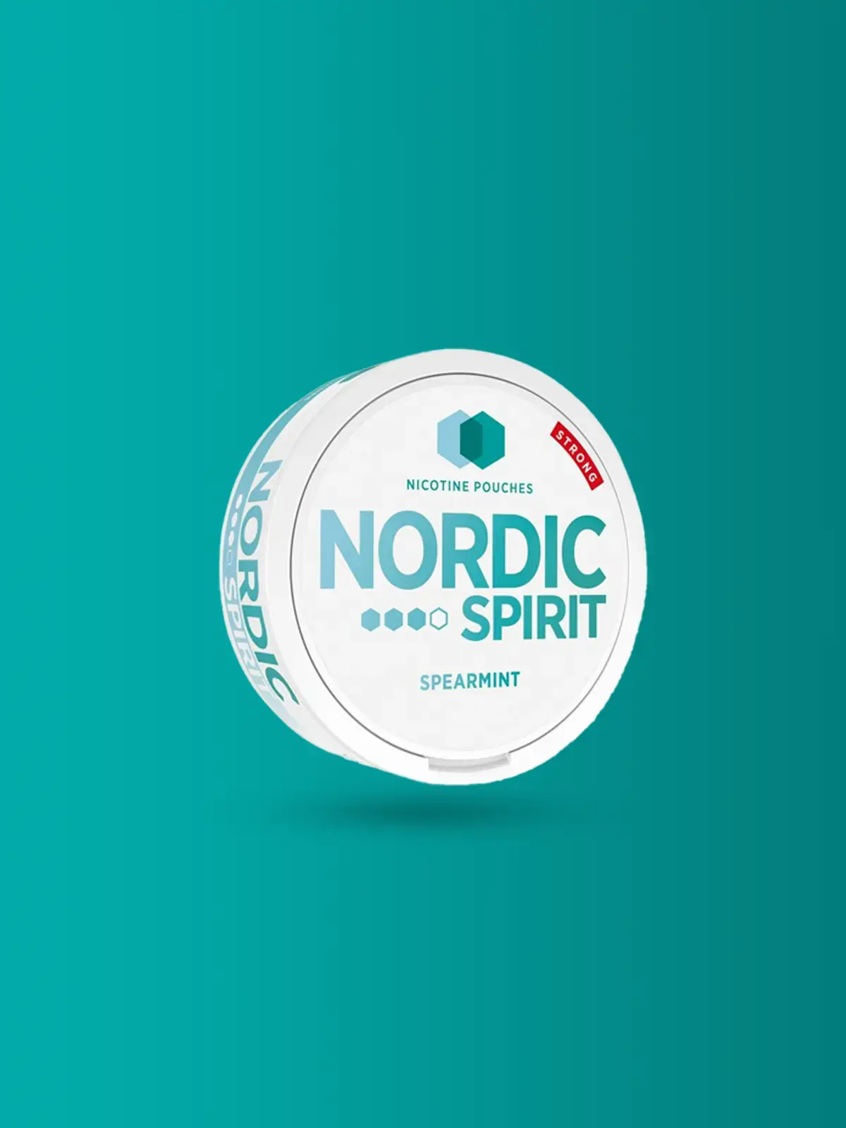 A container of Nordic Spirit nicotine pouches in Spearmint flavour in front of a teal colored background