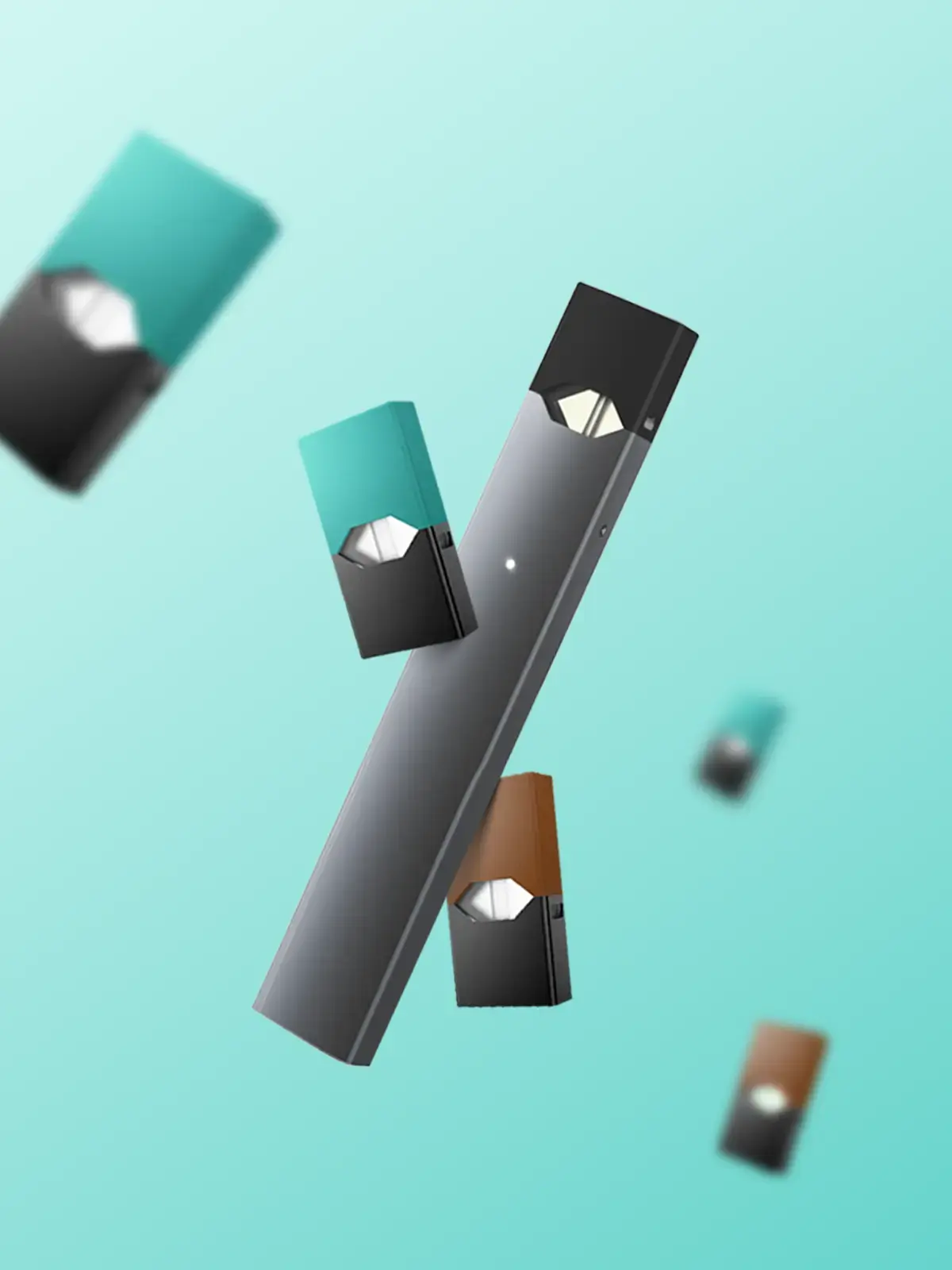 JUUL Menthol and JUUL Tobacco pods along with a JUUL device, floating in front of a light blue background