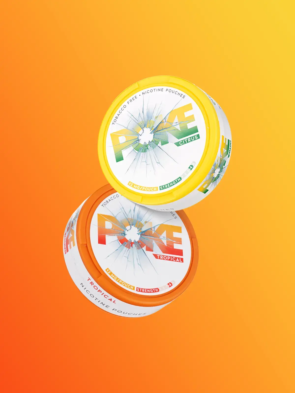 Two containers of Poke nicotine pouches in Citrus and Tropical flavours, floating in front of a warm yellow and orange background
