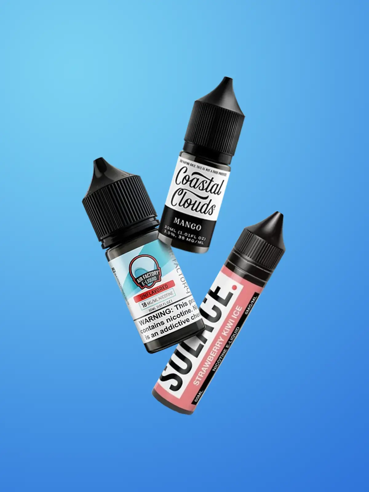 Three bottles of vape juice; unflavoured Air Factory, Coastal Clouds Mango and Solace Strawberry Kiwi Ice floating in front of a blue background