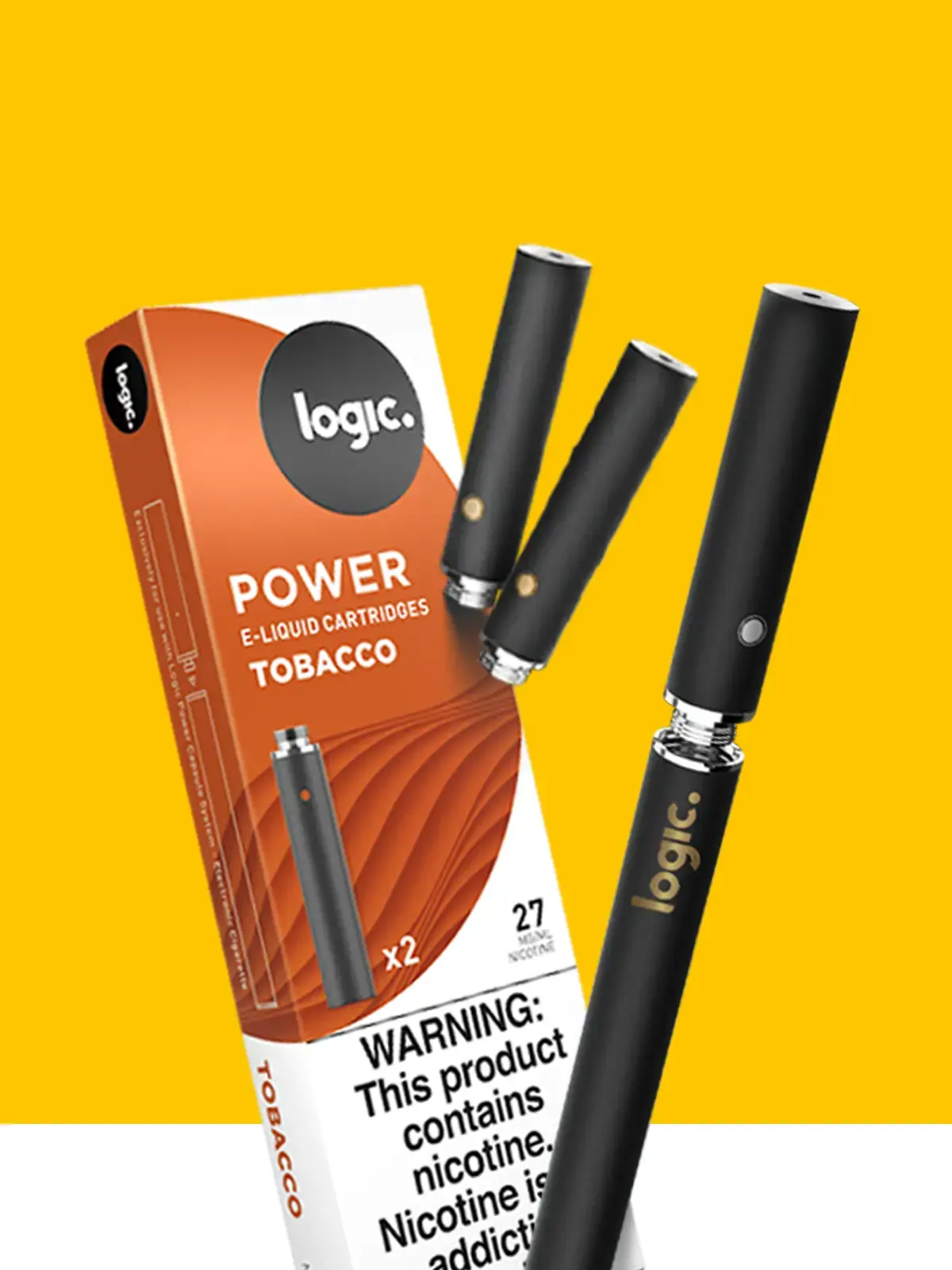 A Logic Power device with a pack of Logic Power Tobacco flavoured e-liquid cartridge refills where two refills are floating beside them. In front of a yellow background