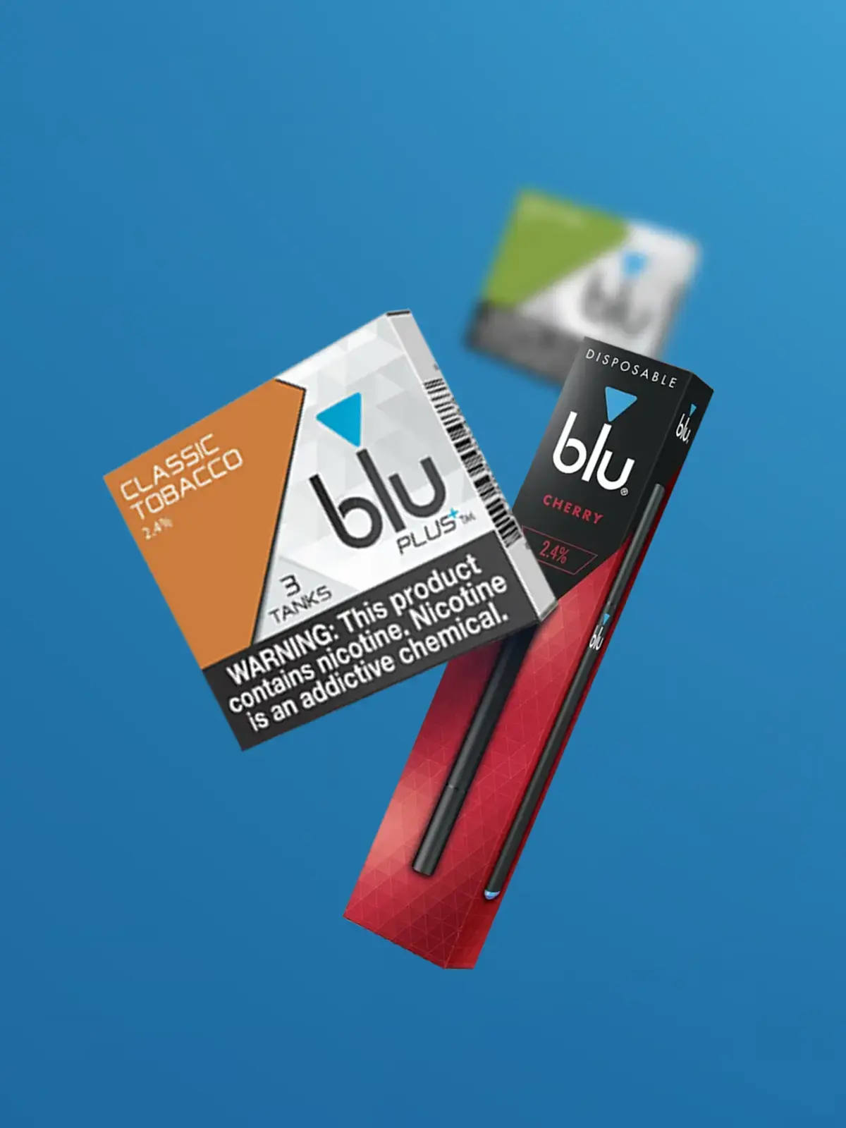 Two packs of blu PLUS+ refills; Classic Tobacco and Menthol, and a Cherry Disposable, floating in front of a blue background