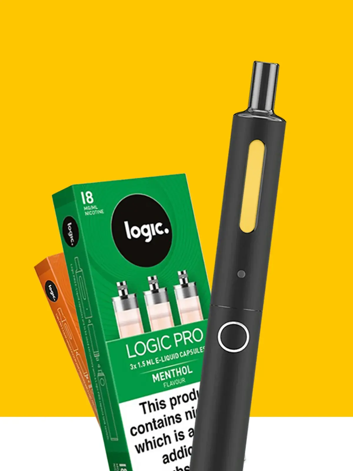 A Logic Pro device with two packs of Logic Pro refill capsules in front of a yellow background
