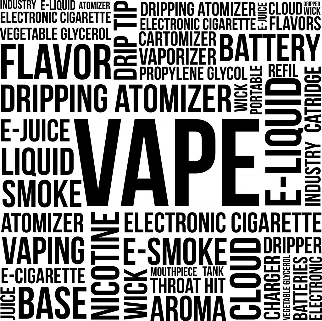 Vape Word Cloud Concept on a white background with terms such as e-cigarette, nicotine, atomizer, e-liquid, smoke and more